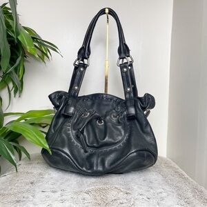 B. Makowsky Soft Pebbled Black Leather Front Pocket Hobo Shoulder Bag